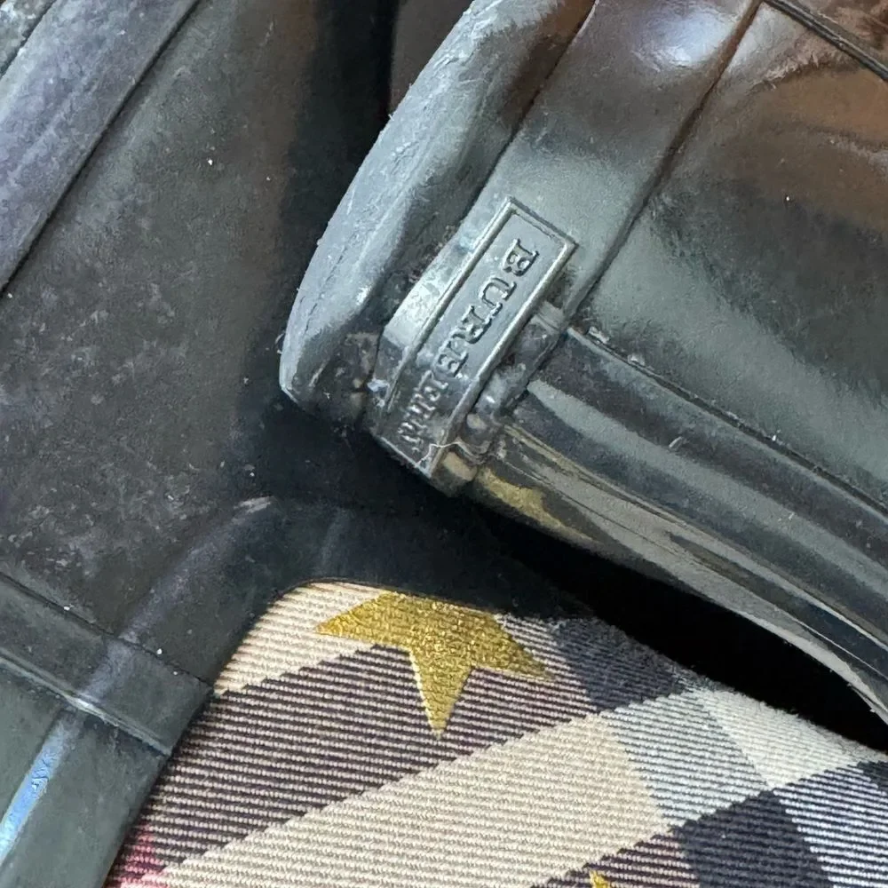 Burberry Black Gloss Rain Boots with Gold Star & Plaid Accent